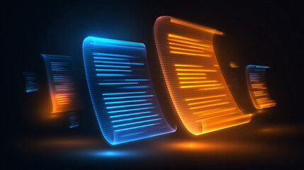 Glowing Digital Documents: Futuristic scrolls in vibrant blue and orange, symbolizing innovative data and advanced information technology.