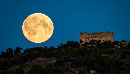 A luminous, golden full moon ascends above a weathered hilltop fortress against a twilight sky.