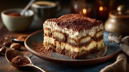 Delicious tiramisu cake on rustic plate, dusted with cocoa powder and served with coffee. Ideal for showcasing Italian desserts, coffee breaks, or food blog articles.
