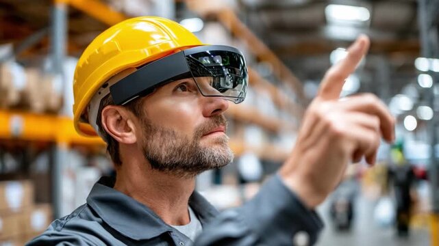 Innovative Visionary: A focused warehouse worker with futuristic augmented reality glasses and a bright yellow safety helmet. Embracing a technologically advanced workplace. - Powered by Adobe
