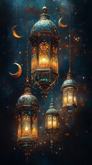 Obraz premium Intricate, Glowing Lanterns in a Night Sky with Crescent Moons, Celebrating Festivities.