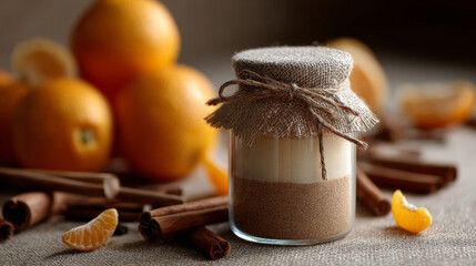 Rustic jar with burlap cover is surrounded by fresh oranges, cinnamon sticks, and orange slices, creating cozy, warm atmosphere