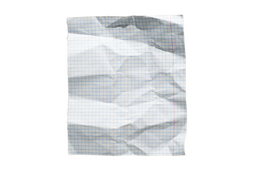 Wrinkled school notebook sheet with creased grid paper, blue lines on white background, isolated texture for notes, math, sketches, scrapbooking, and design projects.