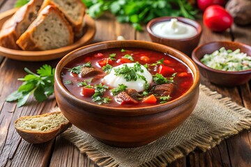 Bowl of soup with a piece of bread on the table