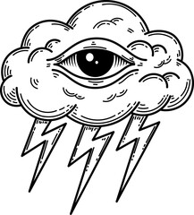 Vector illustration of a storm cloud with an all-seeing eye and lightning bolts. 