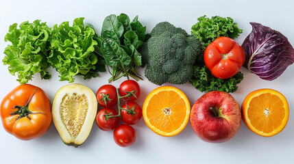 Colorful fruits and vegetables arranged on white background for healthy eating