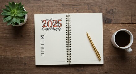 Planning 2025 Notepad with Coffee, Pen, and and Goals on Wood Texture.