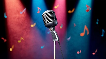 Microphone is on a stand in front of a colorful background with musical notes. Scene is lively and energetic, as if it were a live performance