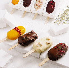 Assorted frozen desserts displayed on a white background in a kitchen setting