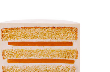Delicious layered cake with orange filling on a white background
