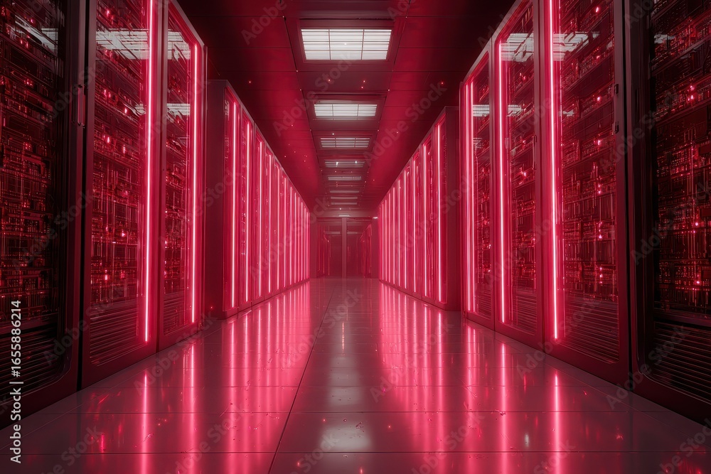 Aufkleber a long server room corridor illuminated by red neon lights. it is suitable for topics of it, data an