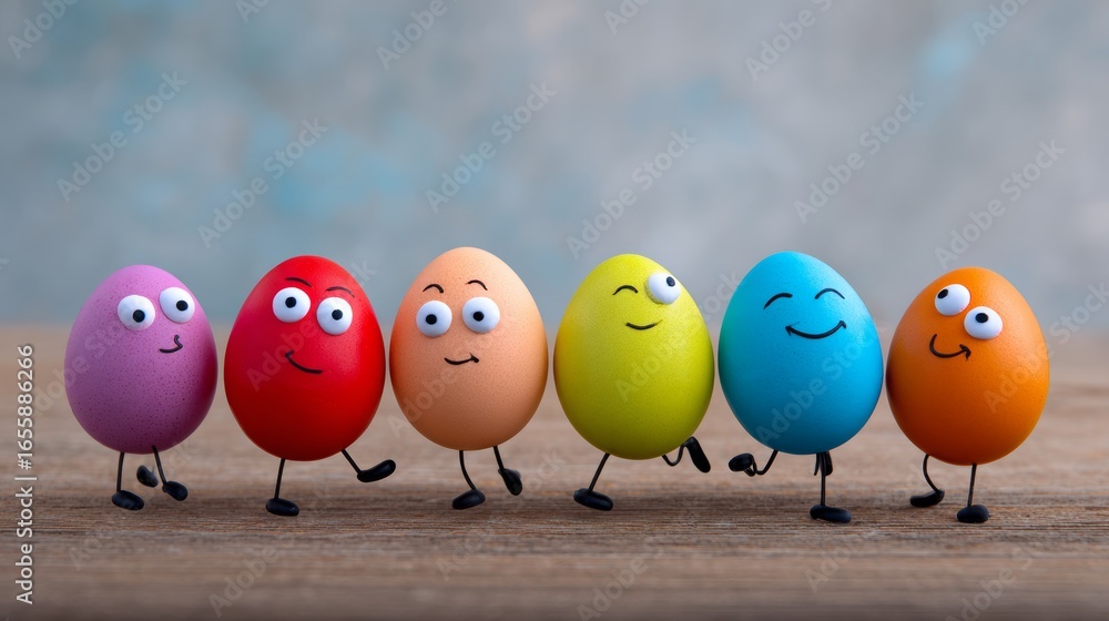 Poster Group of colorful eggs with faces on them are standing in a row. The eggs are smiling and seem to be having a good time. Concept of joy and happiness