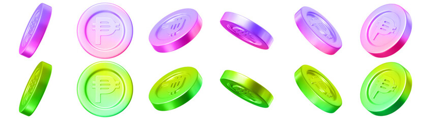 3D set neon coins of Philippine Peso with different angles. Y2k style. Stock vector illustration on isolated background.