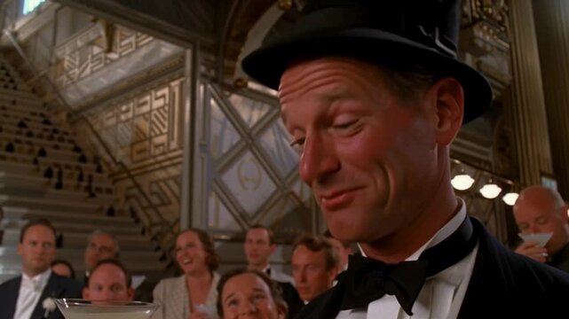 40s years style video scene with handsome adult man in hat with confused yet smiling face expression; gentleman is surrounded by elegant crowd of people