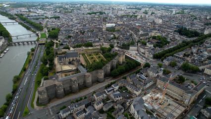  Aerial view around the old town of the city Angers in France on a sunny summer morning