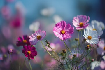Fototapeta premium Garden with Blooming Cosmos Flowers in Full Blossom