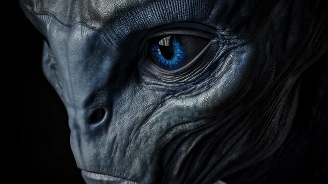 Close up portrait of alien face with detailed blue eyes and textured skin, dark background, concept of extraterrestrial life and mystery.