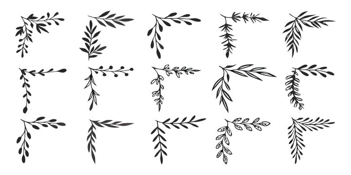 Black botanical corner accents with delicate leaf designs floral branch