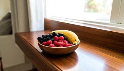 A wooden bowl filled with fresh raspberries, blackberries, and a banana sits on a wooden windowsill, bathed in natural light.