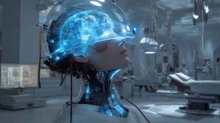 A futuristic AI brain-computer interface that visualizes emotional states in a high-tech laboratory environment.
