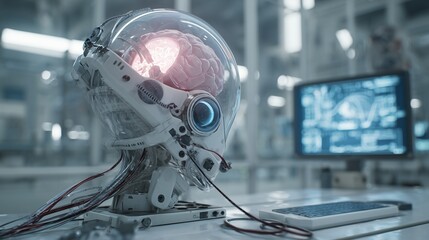 Futuristic brain-computer interface device visualizing emotional states, high-tech lab environment