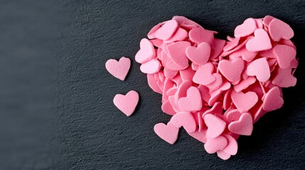 Obraz premium Heart made of pink hearts is spread out across a black surface. The heart is made up of many small pink hearts, and it is scattered all over the background. The heart is a symbol of love