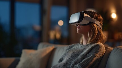 VR therapy session for anxiety treatment, patient wearing headset in modern living room, realistic lighting
