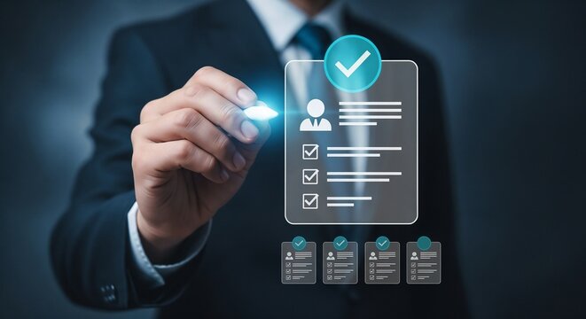 Businessman selecting a candidate profile on virtual screen, representing recruitment, hiring process, talent acquisition, human resources management, business partnership for organizational growth.	
