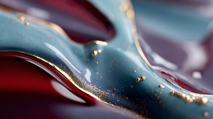 Abstract image of flowing teal and red liquid with gold accents, creating dynamic and luxurious texture
