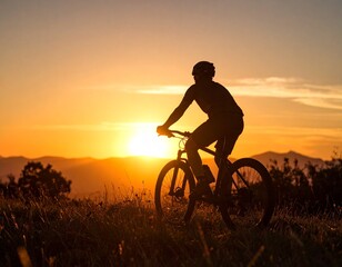 Obraz premium A silhouette of a man riding a bicycle with a fiery sunset sky in the background
