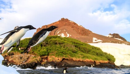Two penguins leap from a rocky outcrop towards the sea, a volcanic mountain providing a dramatic backdrop under a partly cloudy sky