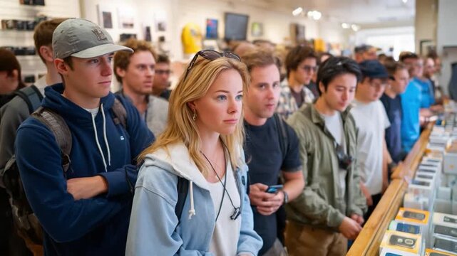 Eager Customers Lining Up: A diverse group of customers eagerly await in a queue, showcasing the anticipation and excitement surrounding a new product launch or event.