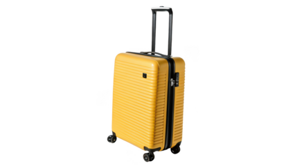 Modern yellow suitcase with telescopic handle and wheels isolated on transparent background
