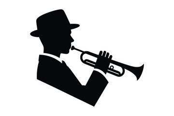 trumpet player silhouette, Black and White Jazz Musician Trumpet Performance, Musician plays the trumpet jazz Silhouette logo icon.