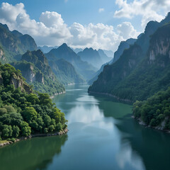 Fototapeta premium Beautiful mountains surrounding Ratchaprapha Dam in Khao Sok National Park, Surat Thani, showcasing.