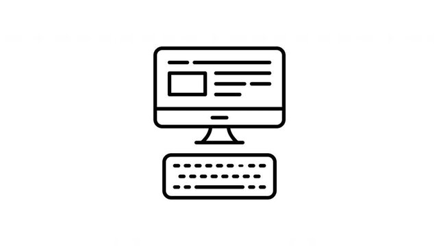 Animated computer and keyboard in use for typing in line icon style, suitable for office productivity, digital work, and technology concept illustrations