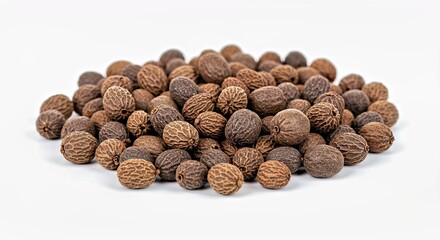 Close-up of dry bay laurel berry seeds on a plain white studio backdrop