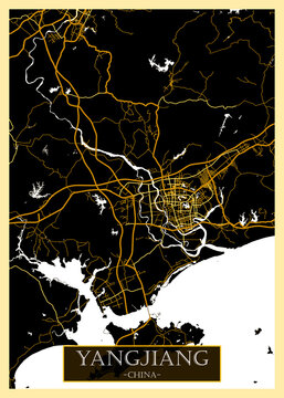 Yangjiang China City Map. downtown tourism house art travel, scenic metropolis concept, travel art city, patriotic abstract banner, view office street