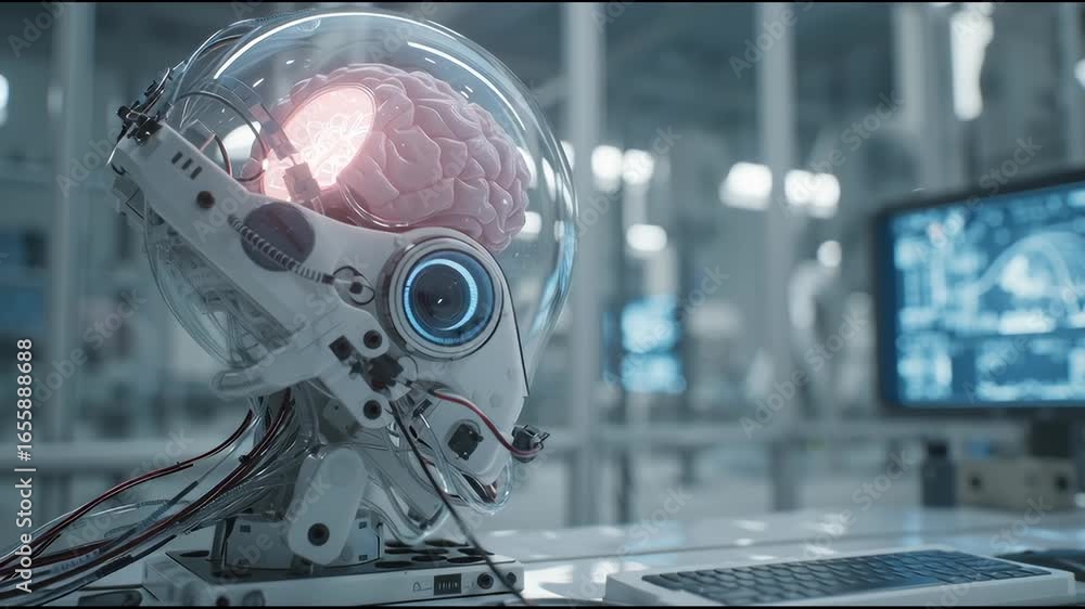 Aufkleber futuristic brain-computer interface device visualizing emotional states, high-tech lab environment