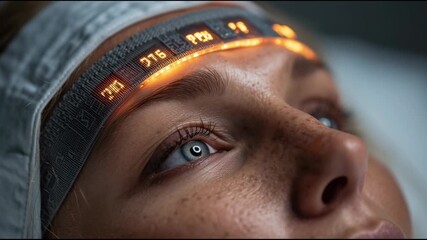 Close-up of wearable brainwave sensor on a patient’s forehead, glowing interface showing stress levels
 - Powered by Adobe