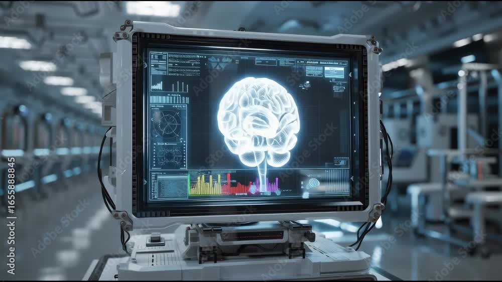 Aufkleber futuristic brain-computer interface device visualizing emotional states, high-tech lab environment