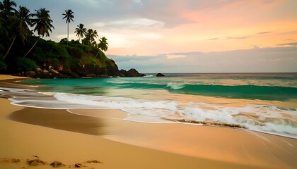 Golden hour beach scene with turquoise water and palm trees.