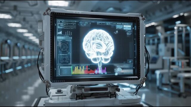 Futuristic brain-computer interface device visualizing emotional states, high-tech lab environment