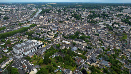 Aerial panorama view of the old town in the city of Laval in France on a sunny summer day
