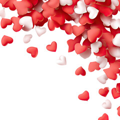 Red and white hearts cascade against a black background