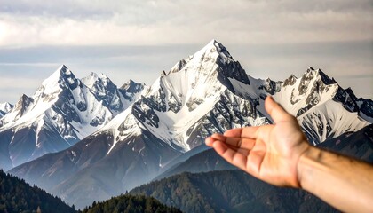 A majestic mountain range, capped with snow, is presented with an outstretched hand, evoking a sense of vastness and openness.