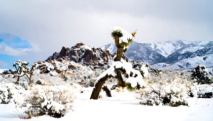Snowy desert landscape with mountains in the background.