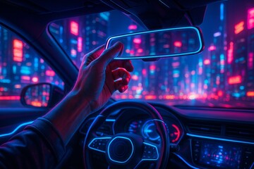 Man's hand adjusts rearview mirror inside car with neon lights and city bokeh background