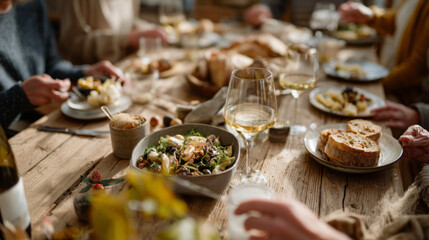 Cozy gathering with friends enjoying meal around rustic wooden table, featuring salads, bread, and wine, creating warm and inviting atmosphere