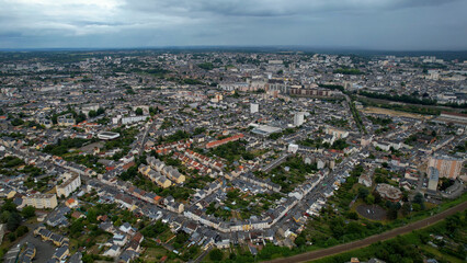 Aerial panorama view of the old town in the city of Le Mans in France on a sunny summer day